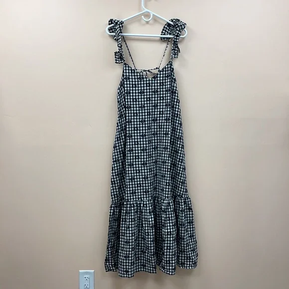 NWT Madewell Gingham Print Ruffle Hem Tent Midi Dress Preppy Black White Size 10 - Picture 4 of 14